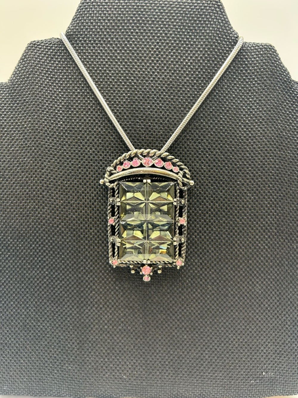 Art Deco Pendant Necklace with Smoky and Pink Stones